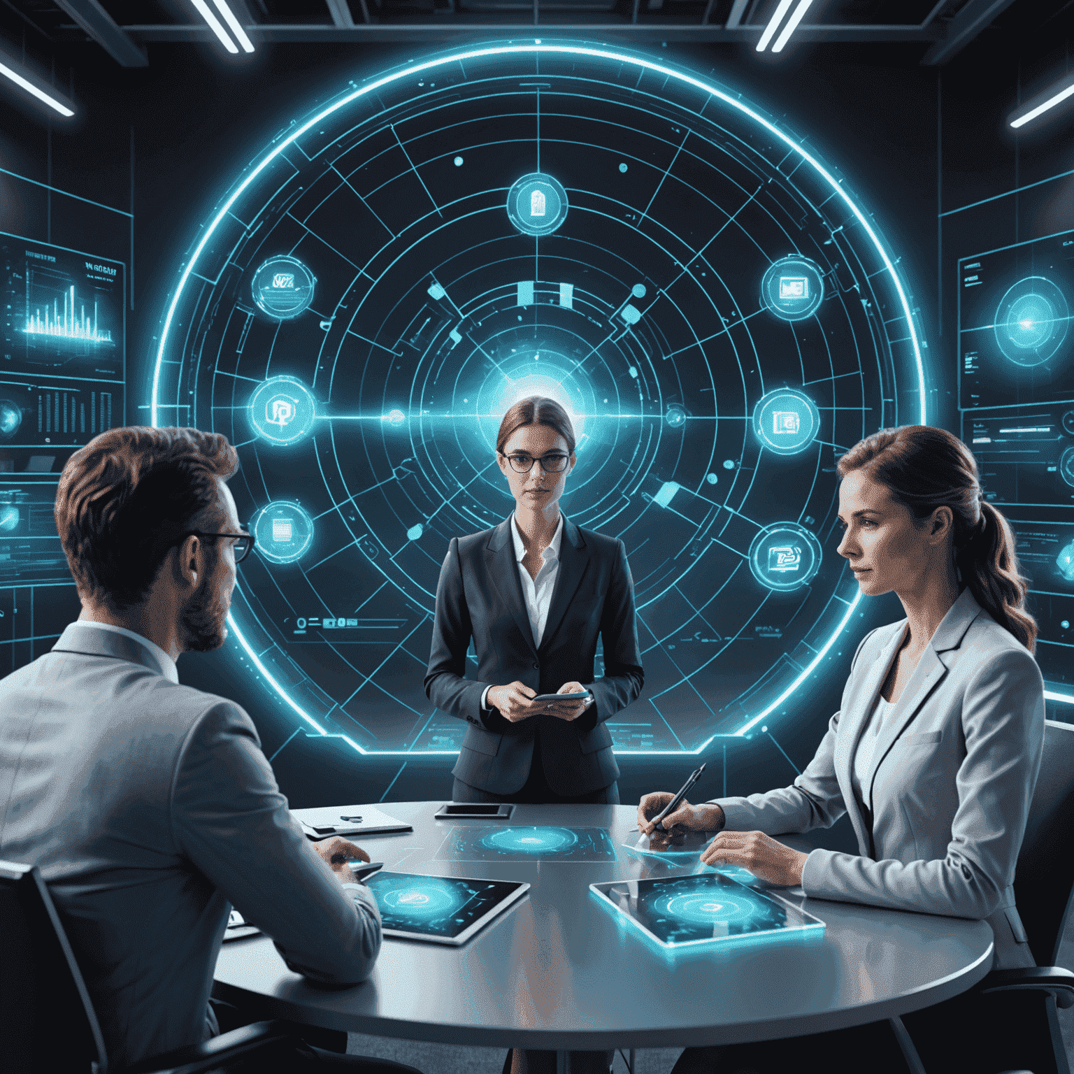 Futuristic illustration representing consulting trends, with holographic displays and Alliant experts